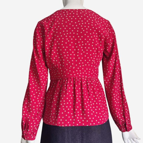 BODEN Elsie Boho Tan Polk Dot & Red w Peplum Long Sleeve Viscose Top Sz 2P - Picture 2 of 11